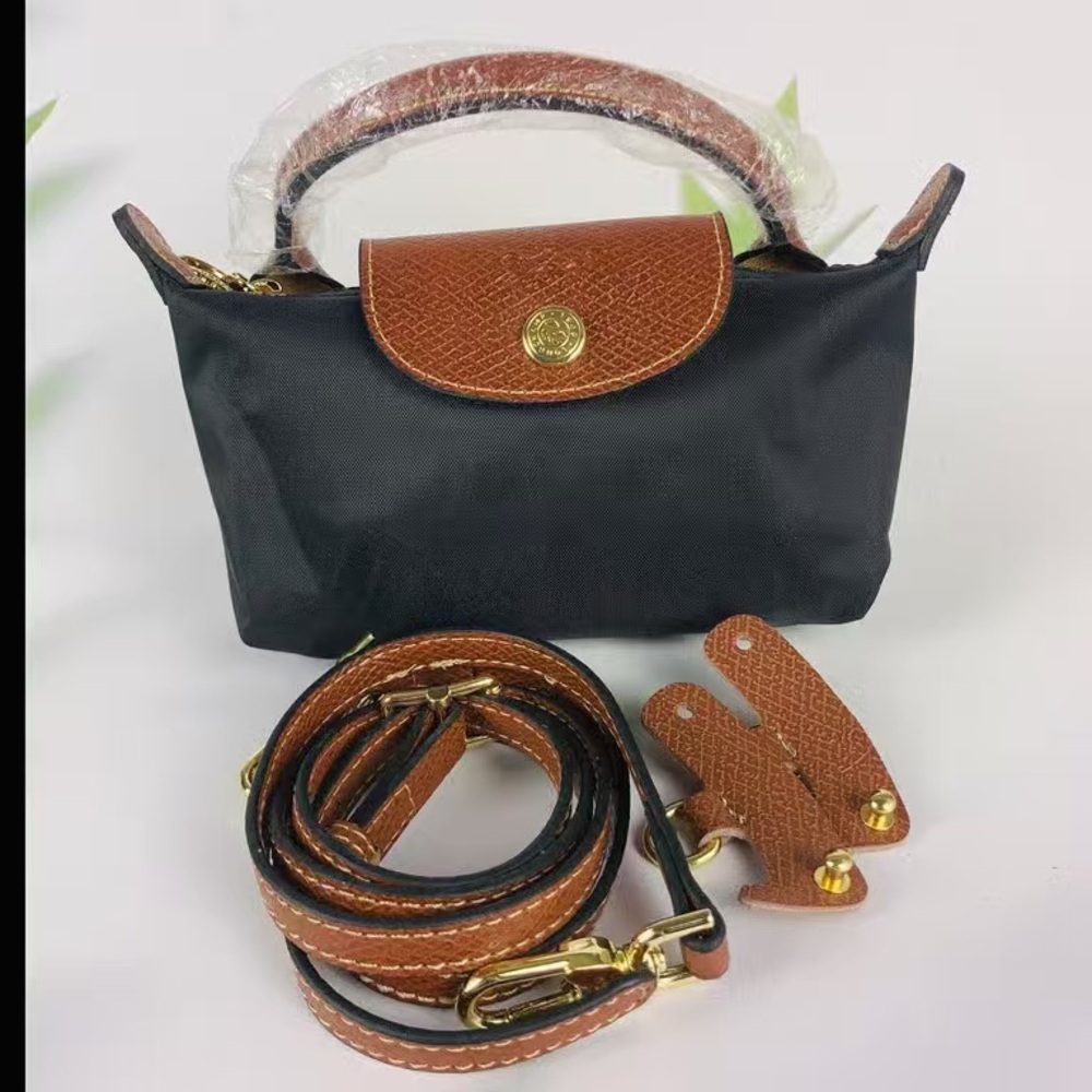 Longchamp Mini Top-Handle Bag in Black and Brown with Gold Hardware